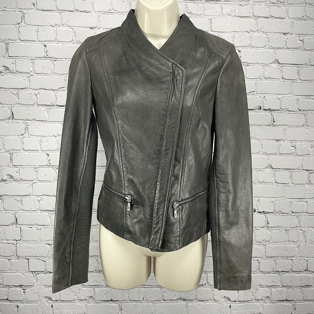Whet Blu Dark Grey Soft Leather Biker Moto Jacket Zipped Pockets Lined Size XS